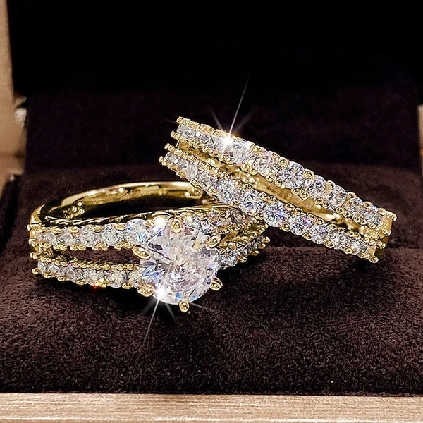 AURA Women's Huitan Iced Out CZ Stone -  Wedding Engagement Beautiful Rings 2Pcs Set