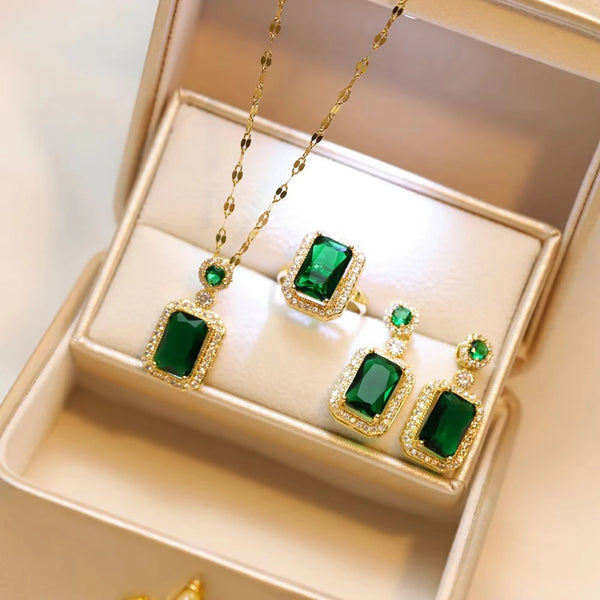 AURA Classic Women's Three Piece Jewelry Set : Jadeite Beautiful Ring, Earrings and Necklace