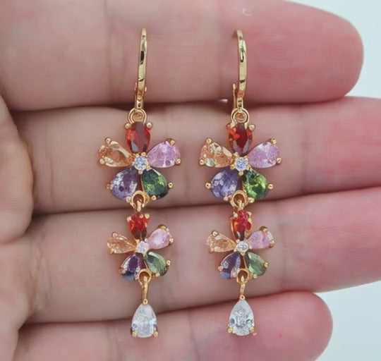 AURA Women's Multi-color Zircon CZ Flower Dangle Wedding Earrings Jewelry